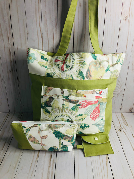 3 Pieces Tote Beach/Pool Canvas Bag with Pockets - Olive Green